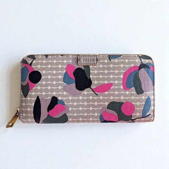Fossil Emma zip around wallet retro grey pink flower coated canvas vegan leather - Picture 1 of 8